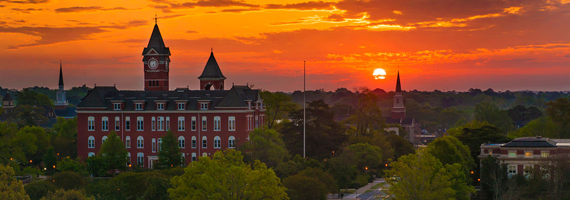 view of campus and Samford Hall at sunset