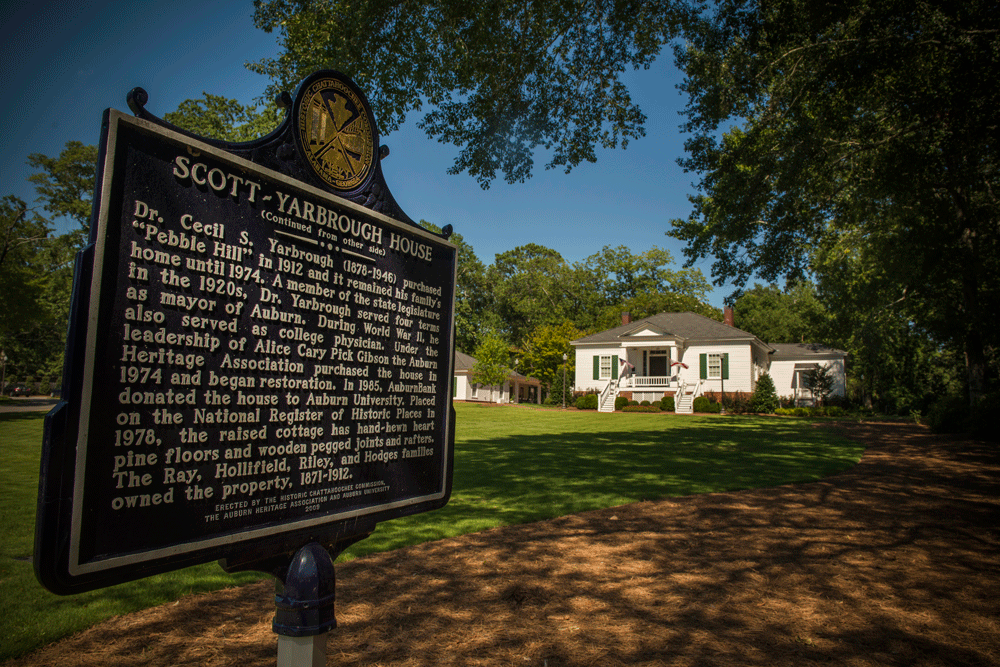 The historical marker in front of the Center for Arts and Humanities for the Scott-Yarbrough House, also known as Pebble Hill