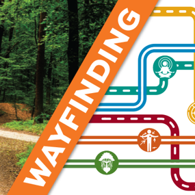 Wayfinding graphic showing a multitude of colorful paths