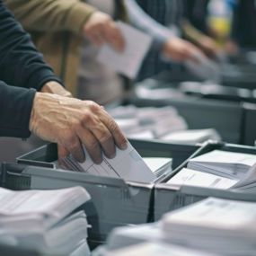 Poll workers sorting ballots