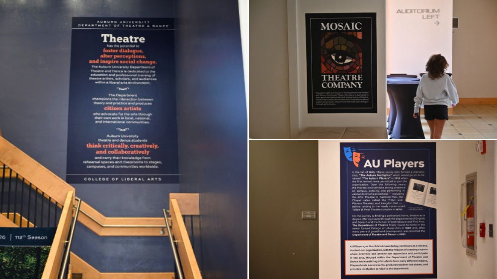 Posters advertising AU Players and Mosaic Theatre Company.