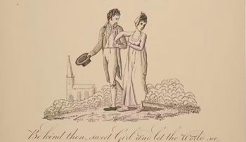 A sketch showing a man and a woman walking arm in arm