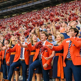Fans cheer and wave shakers in the stands of Jordan-Hare Stadium