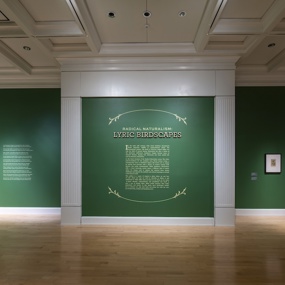 Title wall of Radical Naturalism: Lyric Birdscapes. Walls are an emerald green with light gold text and surrounding leaf graphic elements and white trim