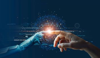 A human and robotic hand reaching out toward each other and creating a spark where they touch