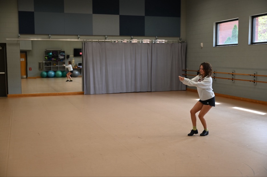Sawyer Skinner tapping on the new Marley floor in the Dance Studio.