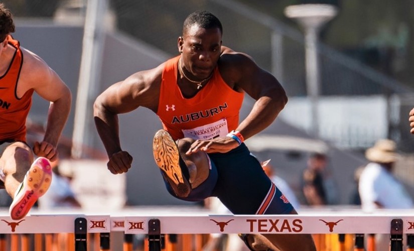 Oquendo Bernard competes in a hurdles track and field event at Auburn