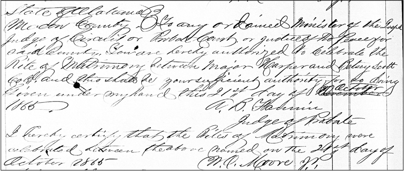 Original marriage record of Major and Betsy Harper