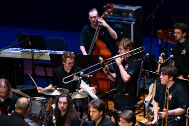 Student playing a trombone in a jazz band