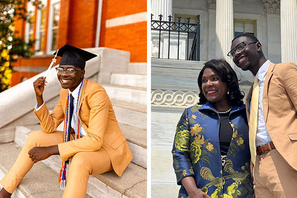 Tyler Ward wearing graduation cap and posing with Representative Terri Sewell