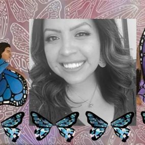 Danielle Fixico surrounded by illustrations of butterflies
