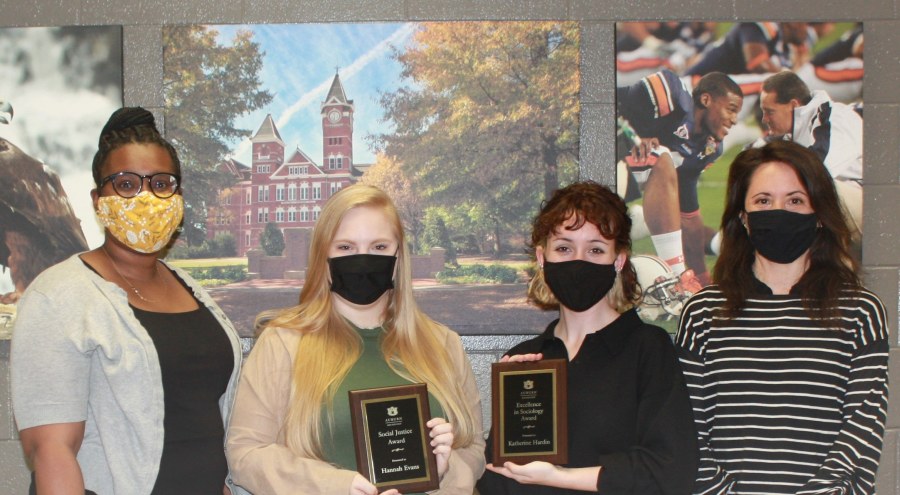 Pictured left to right: Assistant Professor Makeela Wells, Hannah Evans, Katherine Hardin and Undergraduate Program Director Natalia Ruiz-Junco