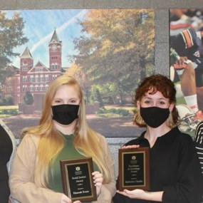 Pictured left to right: Assistant Professor Makeela Wells, Hannah Evans, Katherine Hardin and Undergraduate Program Director Natalia Ruiz-Junco