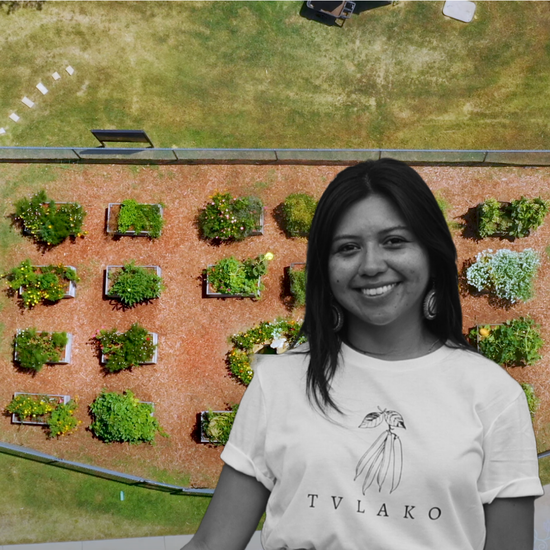 A woman standing outdoors near corn plants, smiling, wearing a white T-shirt with the text &#x27;TVLAKO&#x27; and a graphic of corn on it, along with green earrings. A white fence and greenery are visible in the background.