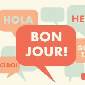 Speech bubbles with common phrases in different languages