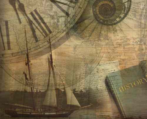 Collage of boat, book and clock