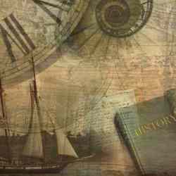 Collage of boat, book and clock