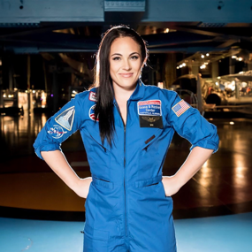 Kiah Erlich wearing a blue flight suit