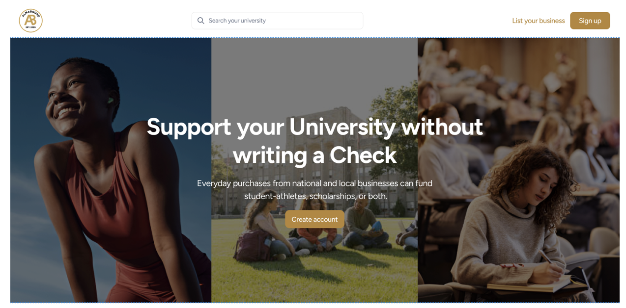 AlmaBound landing page, where users can search for their university