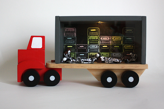 J. Leigh Garcia, Untitled (Truck), 2019, toy truck, wood, plexi-glass, ceramics, acrylic paint, linocut, watercolor and LED light, 6" x 11" x 3.5"