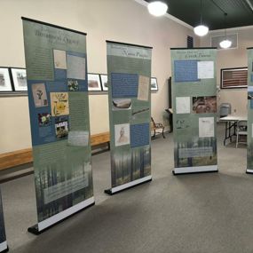 Posters from the William Bartram traveling exhibit describing his documentation of plants, animals and peoples native to Alabama on display