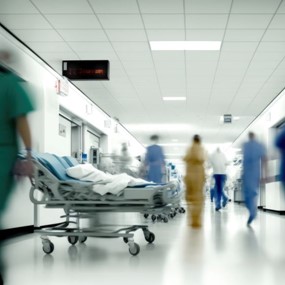 In a busy hospital, staff make the rounds and a gurney is wheeled down the hallway.