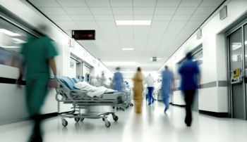 In a busy hospital, staff make the rounds and a gurney is wheeled down the hallway.
