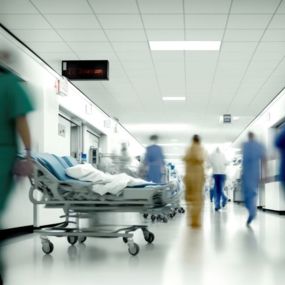 In a busy hospital, staff make the rounds and a gurney is wheeled down the hallway.