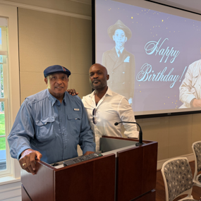 Dr. Bernard LaFayette Jr. and Khari Allen Lee posing for a photo at LaFayette's birthday celebration