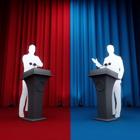 Silhouettes of two men behind podiums, one standing in front of a red curtain and one standing in front of a blue curtain