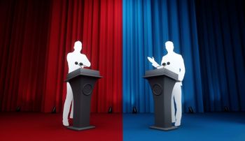 Silhouettes of two men behind podiums, one standing in front of a red curtain and one standing in front of a blue curtain