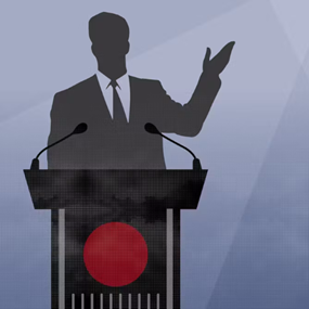Silhouettes of two men in suits, one behind a red podium and the other behind a blue podium