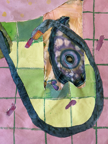 Detail of abstract painting by Susan Klein, "The Hand that Feeds, The Hand that Takes," 2026, mixed media on silk and canvas, 117 x 89 inches