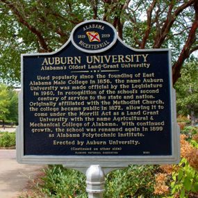 Historical marker telling the story of Auburn University, placed by the Alabama Historical Association