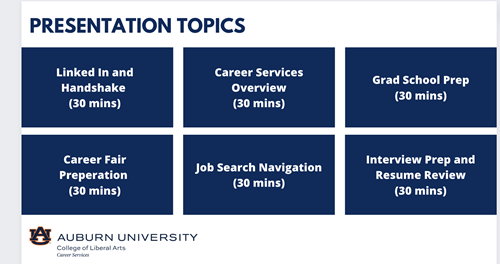 Topics: LinkedIn and Handshake, Career Services Overview, Grad School Prep, Career Fair Preparation, Job Search Navigation, Interview Prep and Resume Review