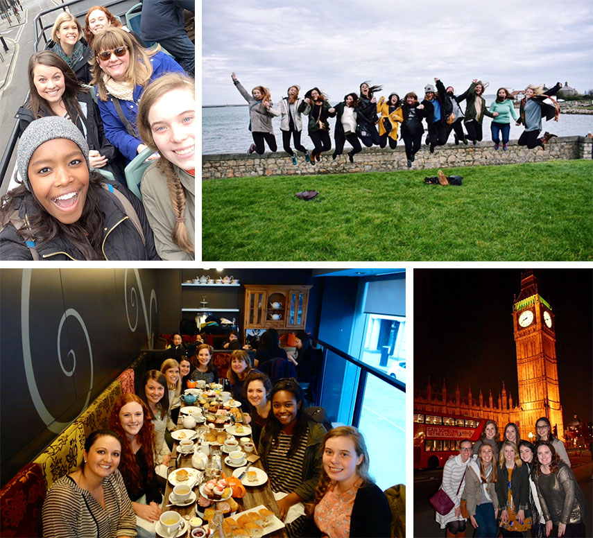collage of study abroad images: students and professors riding on a bus, jumping by the ocean, eating a meal at a long table, standing by Big Ben