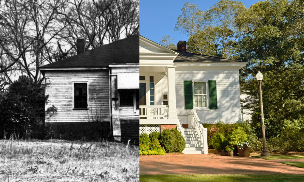 A split image of Pebble Hill, one half dark and showing disrepair in the 1970s and one half showing its bright, renovated facade that stands today