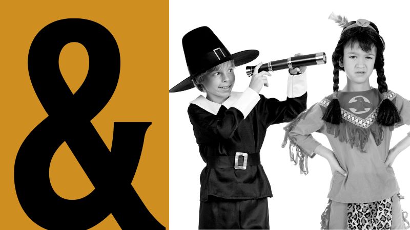 Theatre ampersand logo with photo of children in Thanksgiving play costumes