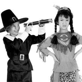 Theatre ampersand logo with photo of children in Thanksgiving play costumes