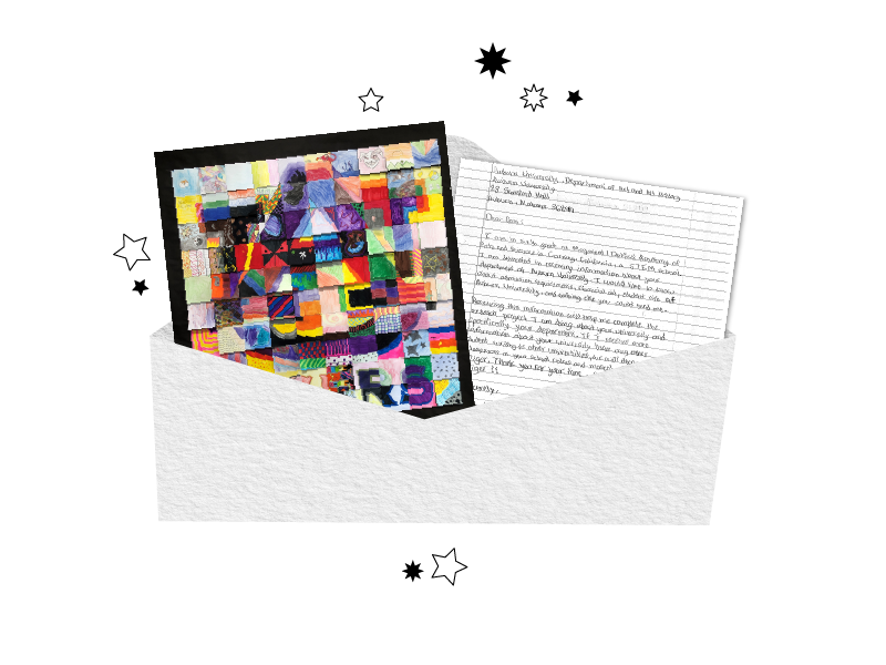 An envelope holding the sixth grade class' mural and the original letter detailing the project