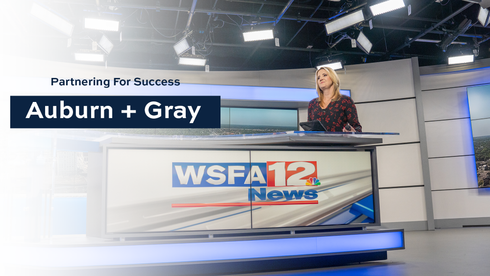 Graphic reading Partnering for Success: Auburn and Gray with photo of Auburn alumna Sally Pitts behind the WSFA news desk
