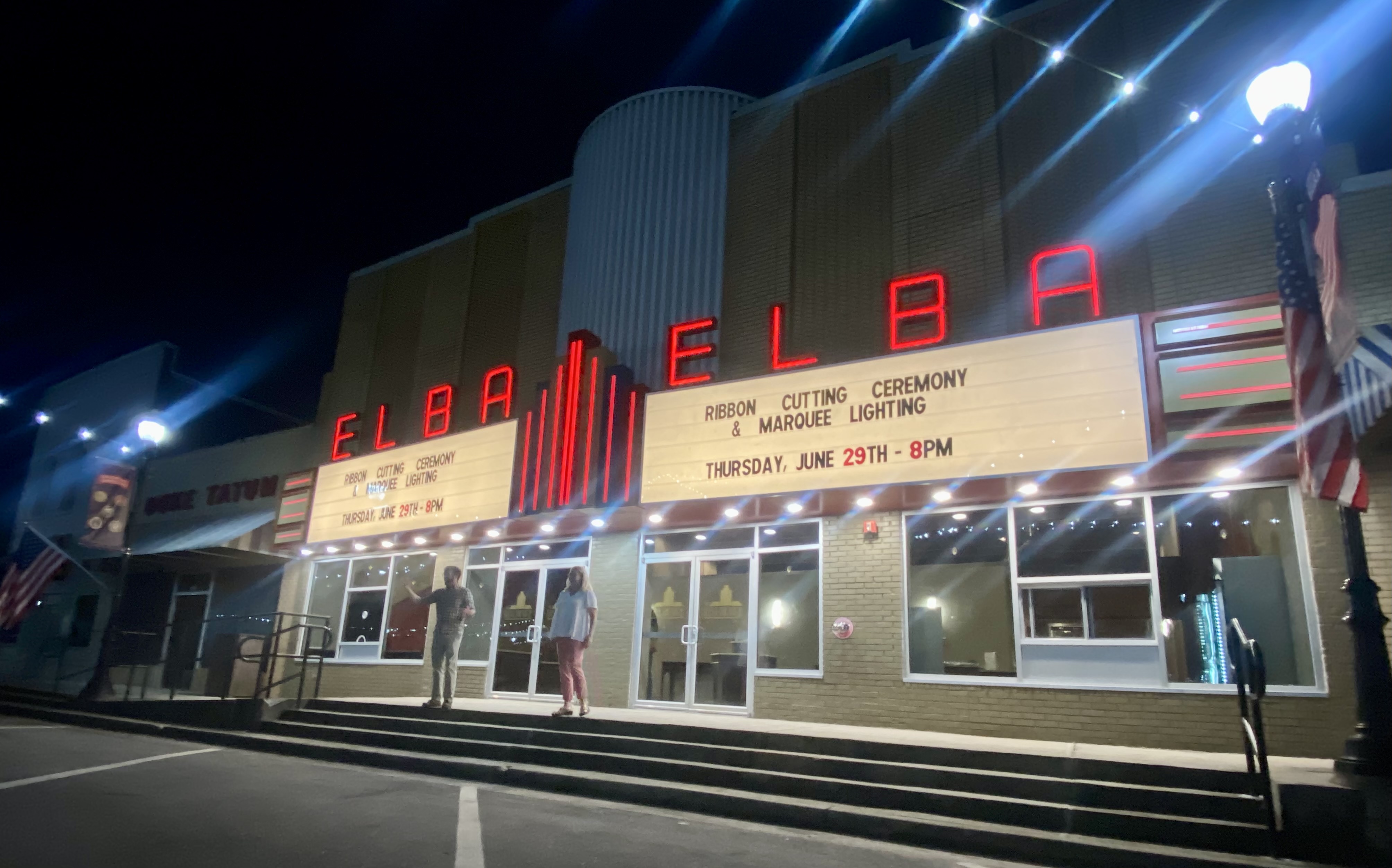 The Elba Theatre shines bright with red fluorescent lighting