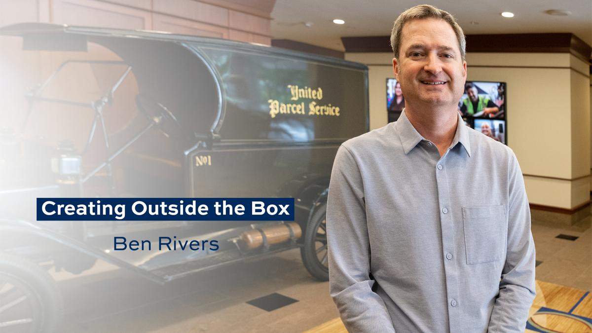 Ben Rivers at the UPS headquarters with text Creating Outside the Box