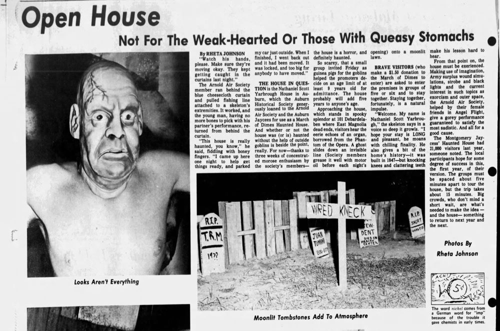 Newspaper article warning those with weak hearts and queasy stomachs to stay away from the Pebble Hill Haunted House