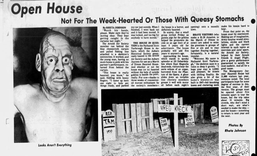 Newspaper article warning those with weak hearts and queasy stomachs to stay away from the Pebble Hill Haunted House