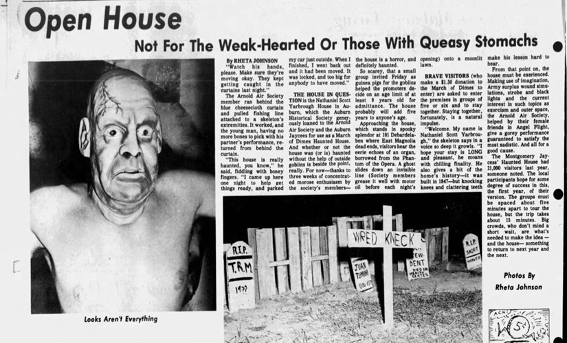 Newspaper article warning those with weak hearts and queasy stomachs to stay away from the Pebble Hill Haunted House
