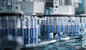 Insulin injection pens on conveyor line during production process at modern pharmaceutical factory
