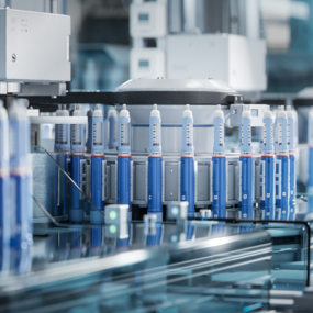 Insulin injection pens on conveyor line during production process at modern pharmaceutical factory