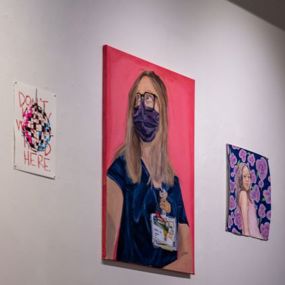 Student artworks on the wall of Biggin Gallery