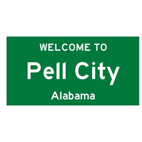 The words Welcome to Pell City Alabama on a green background